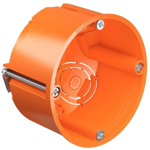 Orange Kaiser Hohlwanddose 9063-02 mit Schrauben und Ausbrechöffnungen für Kabel.