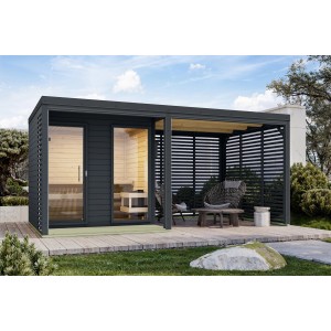 Karibu Saunahaus Seros mit Anbaudach in Anthrazit und Lamellenwand als Sichtschutz.