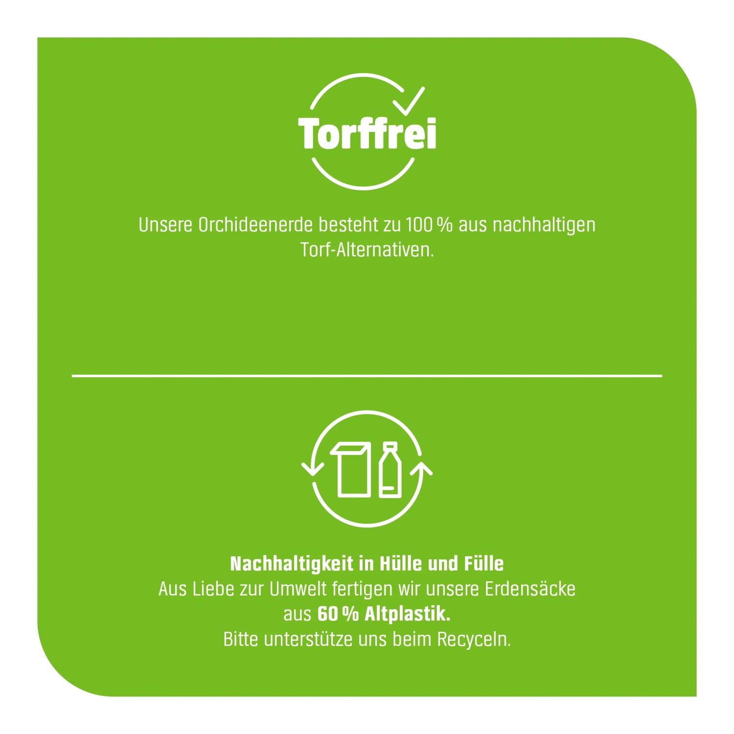 Info-Grafik: GROW by OBI Orchideenerde torffrei, aus Recycling-Kunststoff.