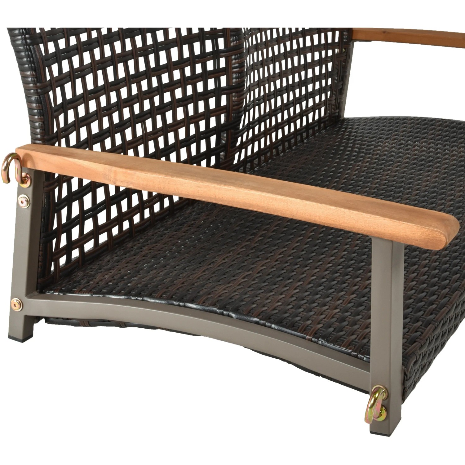 Detailaufnahme: Braune Garden Pleasure Hängebank Cuneo mit Holzarmlehnen und Stahlgestell.
