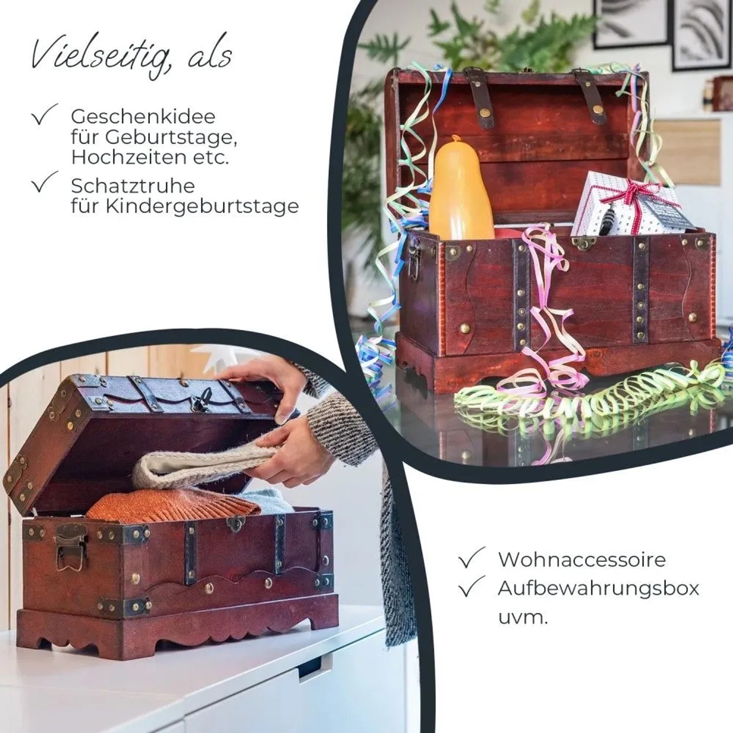 HMF Schatztruhe aus Holz im Antik-Look, offen, als Aufbewahrungsbox und Geschenkidee. Mit Metallbeschlägen.