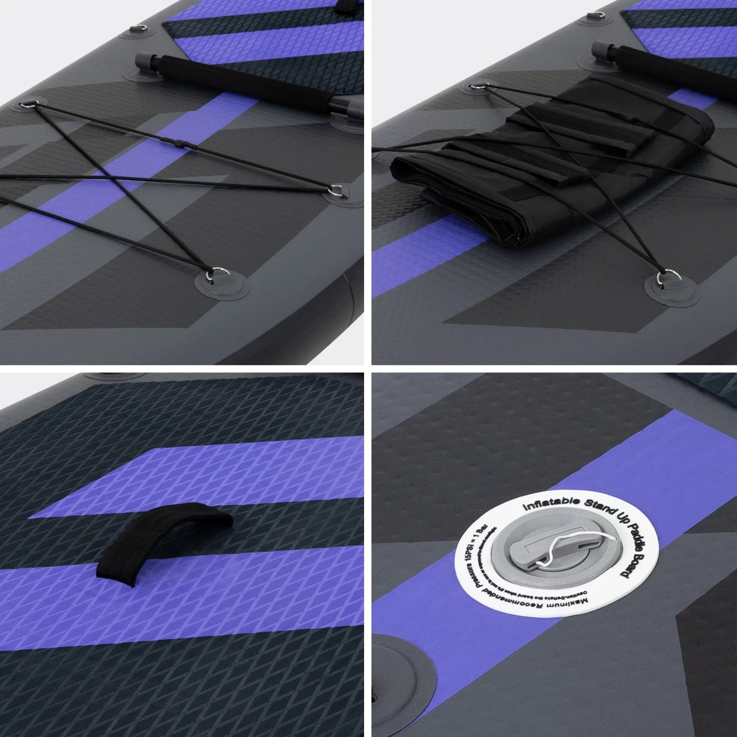 Details des schwarzen ECD Germany Stand Up Paddle Boards mit Sitz, inklusive Gepäcknetz und Ventil.