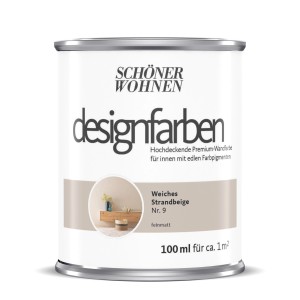 Schöner Wohnen Designfarben Weiches Strandbeige, 100ml Dose. Bunte Wandfarbe für Innen.