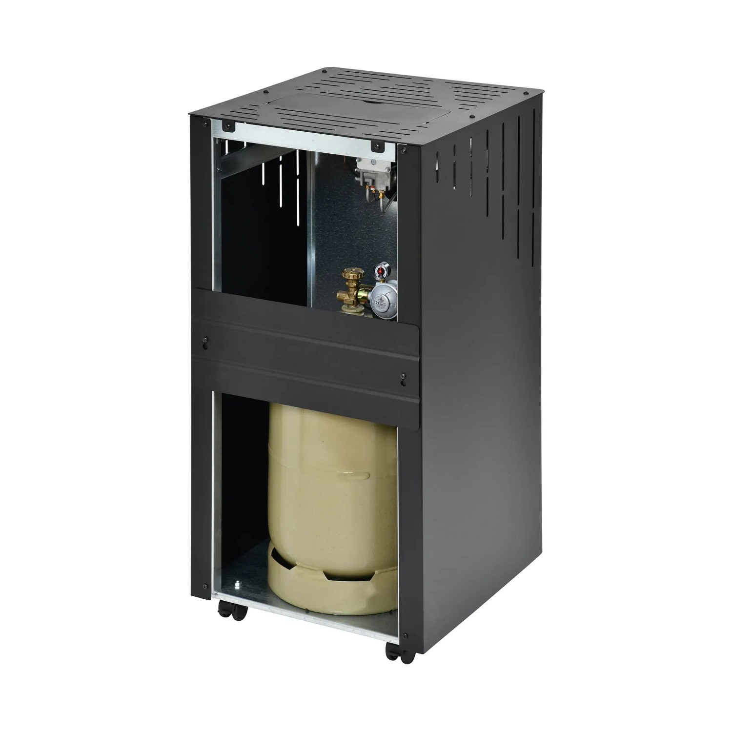 Firefix Gas-Heizofen Kamin 4200 Eco Plus, 4,2 kW, schwarz, mit Gasflasche im unteren Fach.