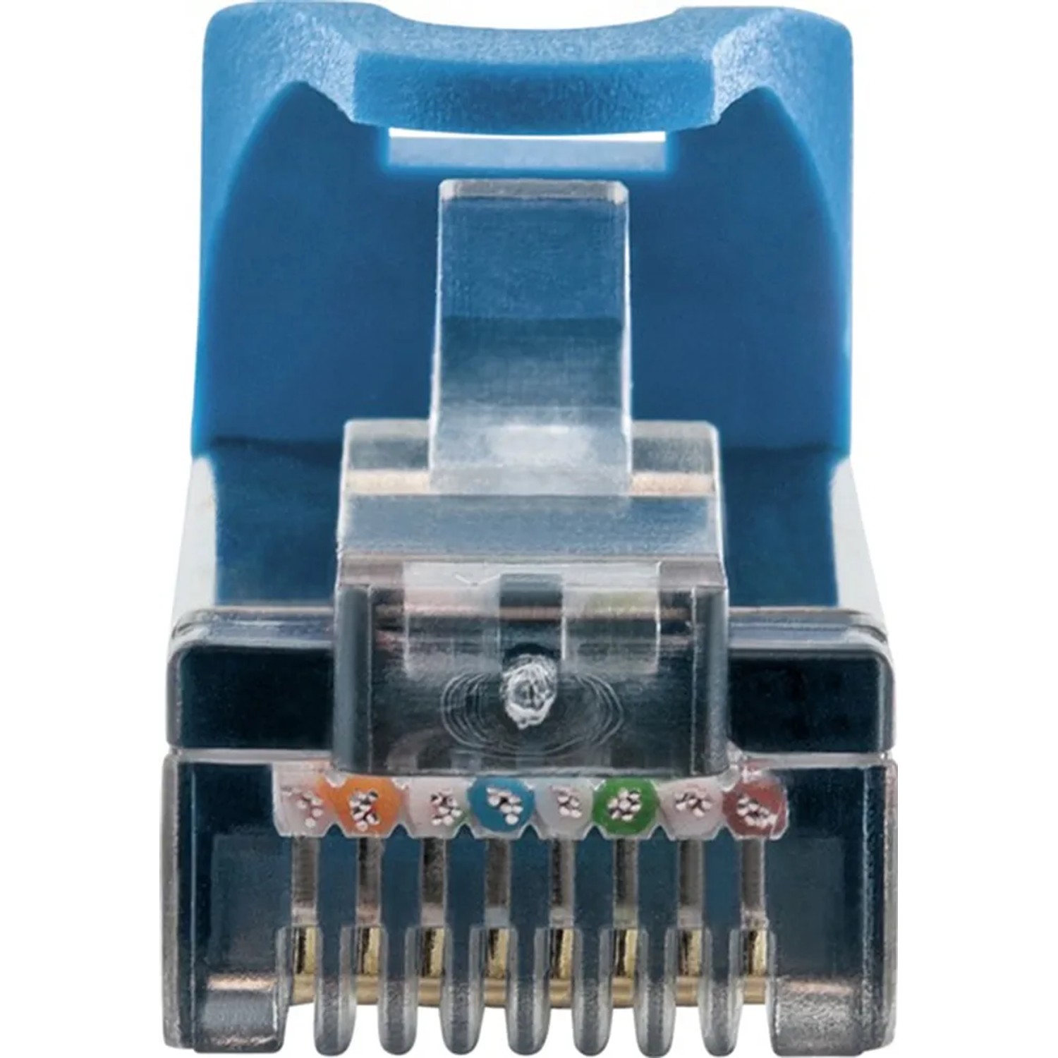 Nahaufnahme des blauen Schwaiger CAT 6 Netzwerkkabel-Steckers für Computer & Multimedia.