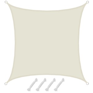 Beiges, quadratisches AMANKA Sonnensegel 2x2m aus Polyester, wasserabweisend, mit Seilen.