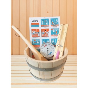 Karibu Sauna Zubehör-Set Classic, 6-teilig mit Eimer, Kelle, Klimamesser, Sanduhr und Baderegeln.