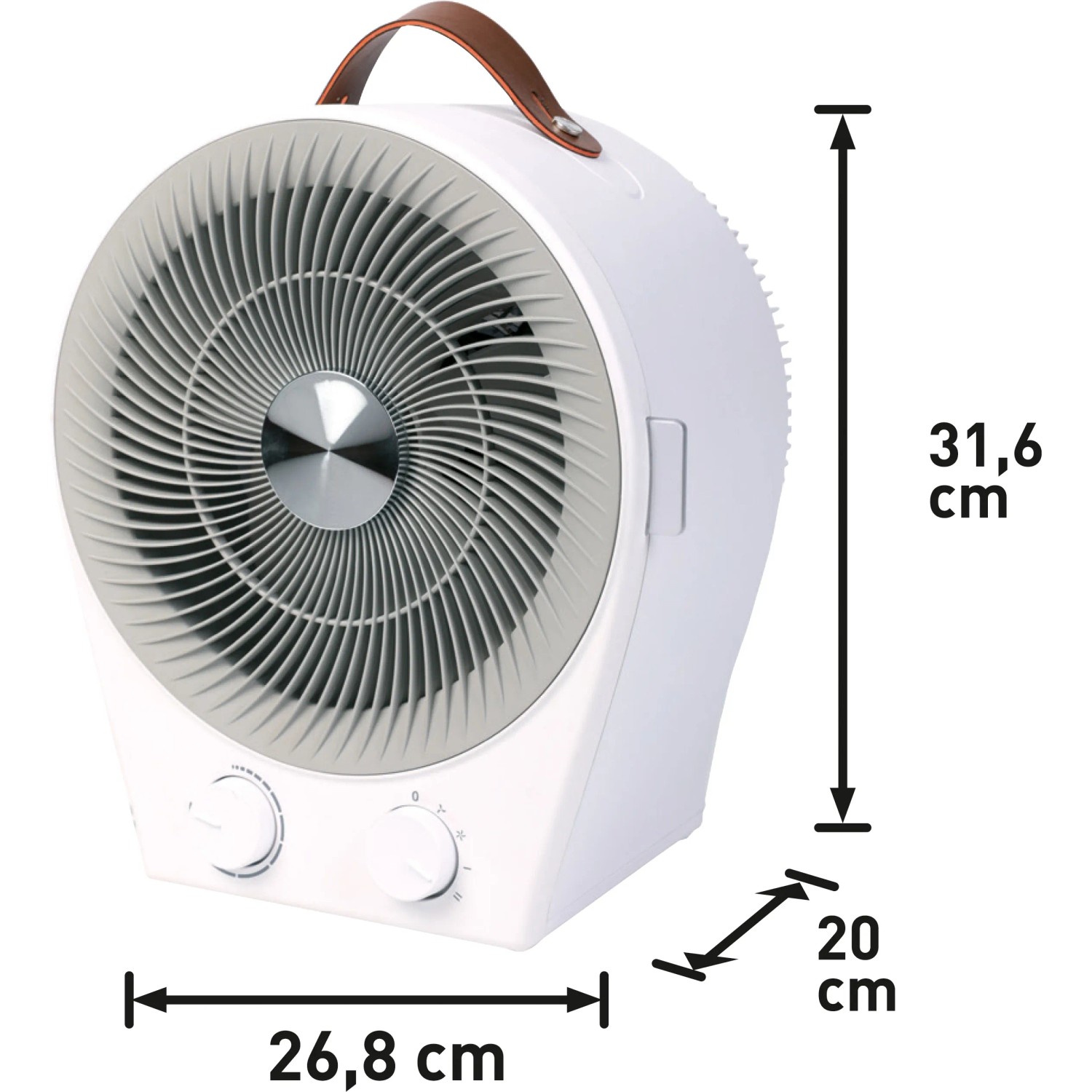 2in1 Heizlüfter und Ventilator mit Maßen für elektrische Heizgeräte.