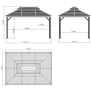 Technische Zeichnung Sojag Pavillon Mykonos 299x425 cm mit Maßangaben.