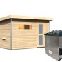Karibu Saunahaus Hendrik 1 mit Ofen und Steuerung. Holzhaus mit Milchglastür und Saunaofen.
