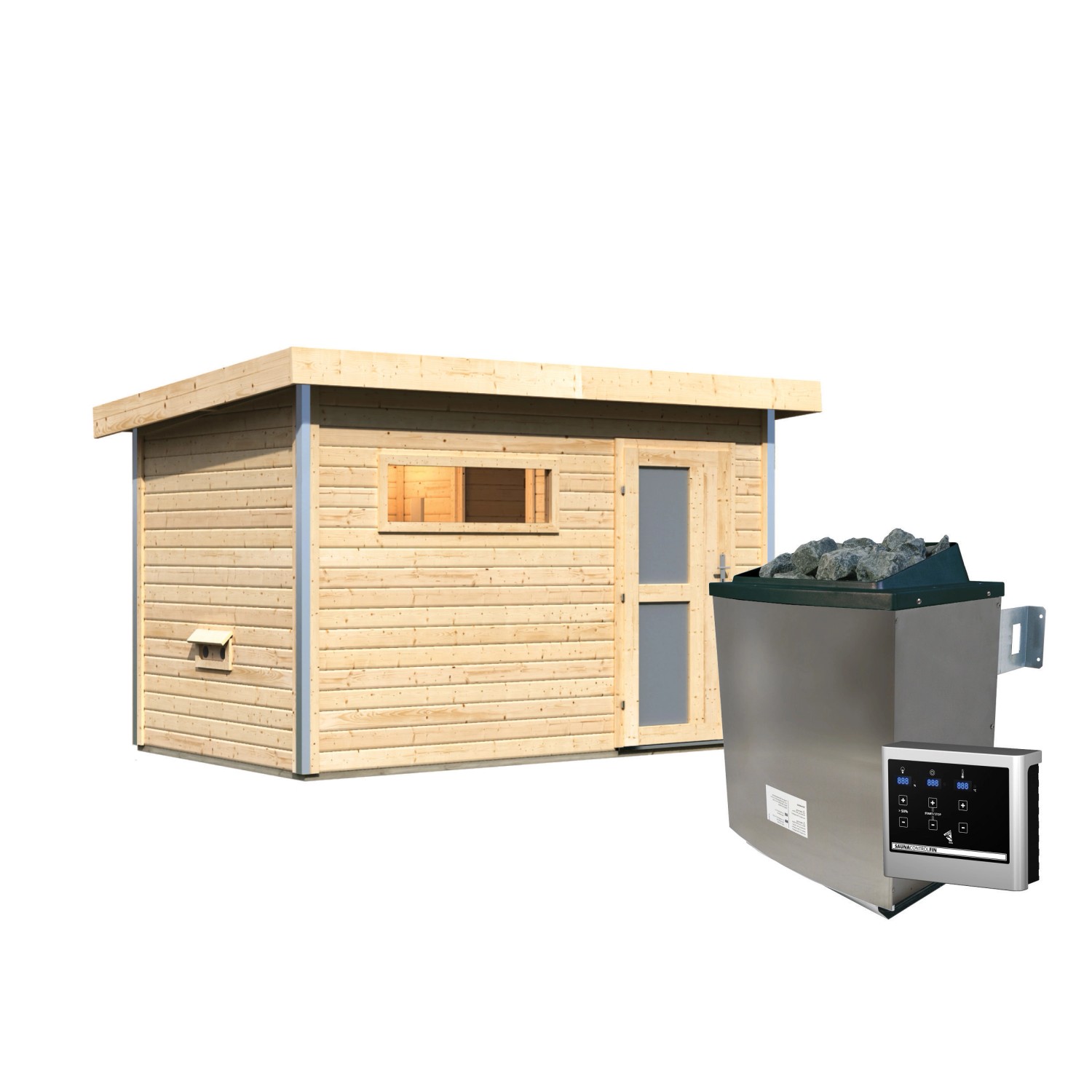 Karibu Saunahaus Hendrik 1 mit Ofen und Steuerung. Holzhaus mit Milchglastür und Saunaofen.