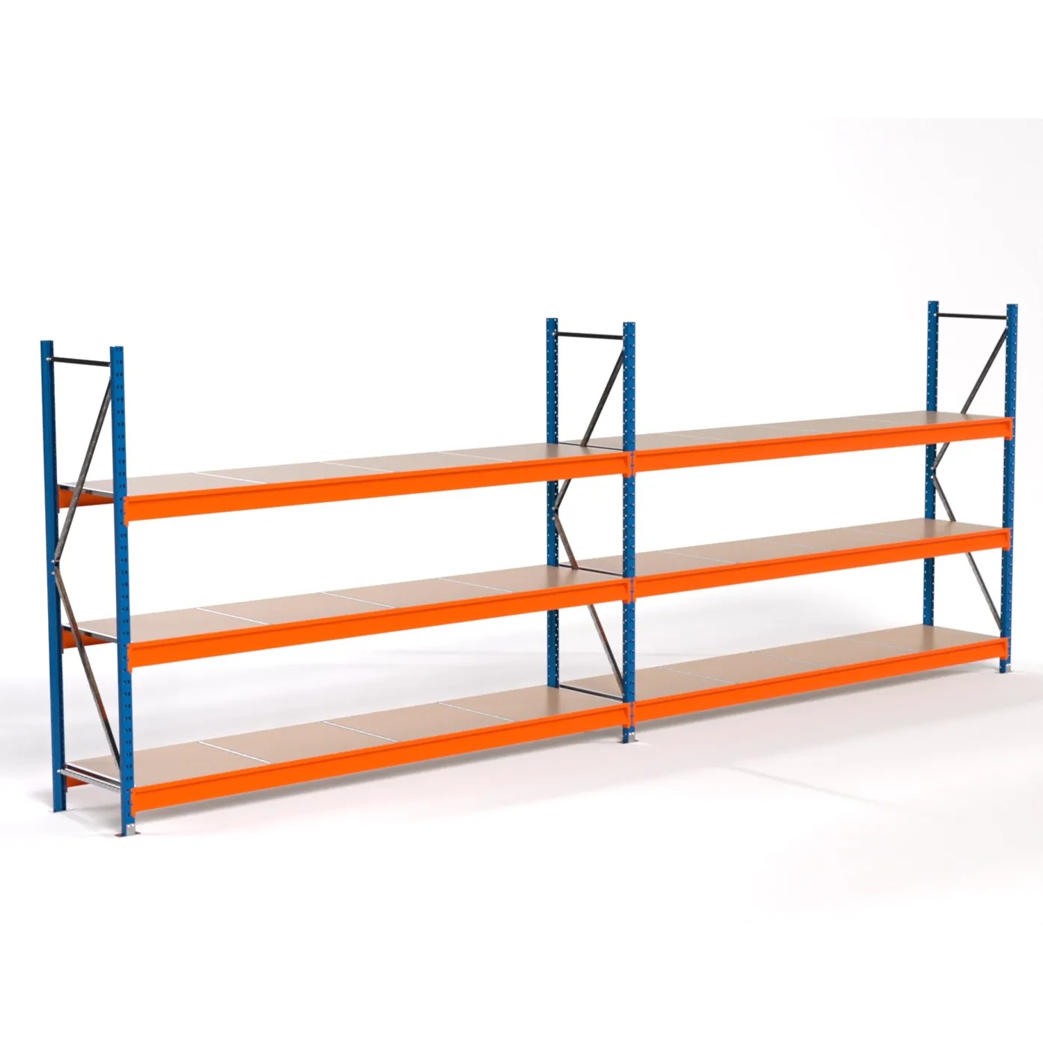 PROREGAL Industrie Weitspannregal Lagerregal MAXIMUS PRO Komplettregal 2 Felder HxBxT 200x550x60cm 3 Spanplatten-Fachboden Fachlast 450kg Blau/Orange