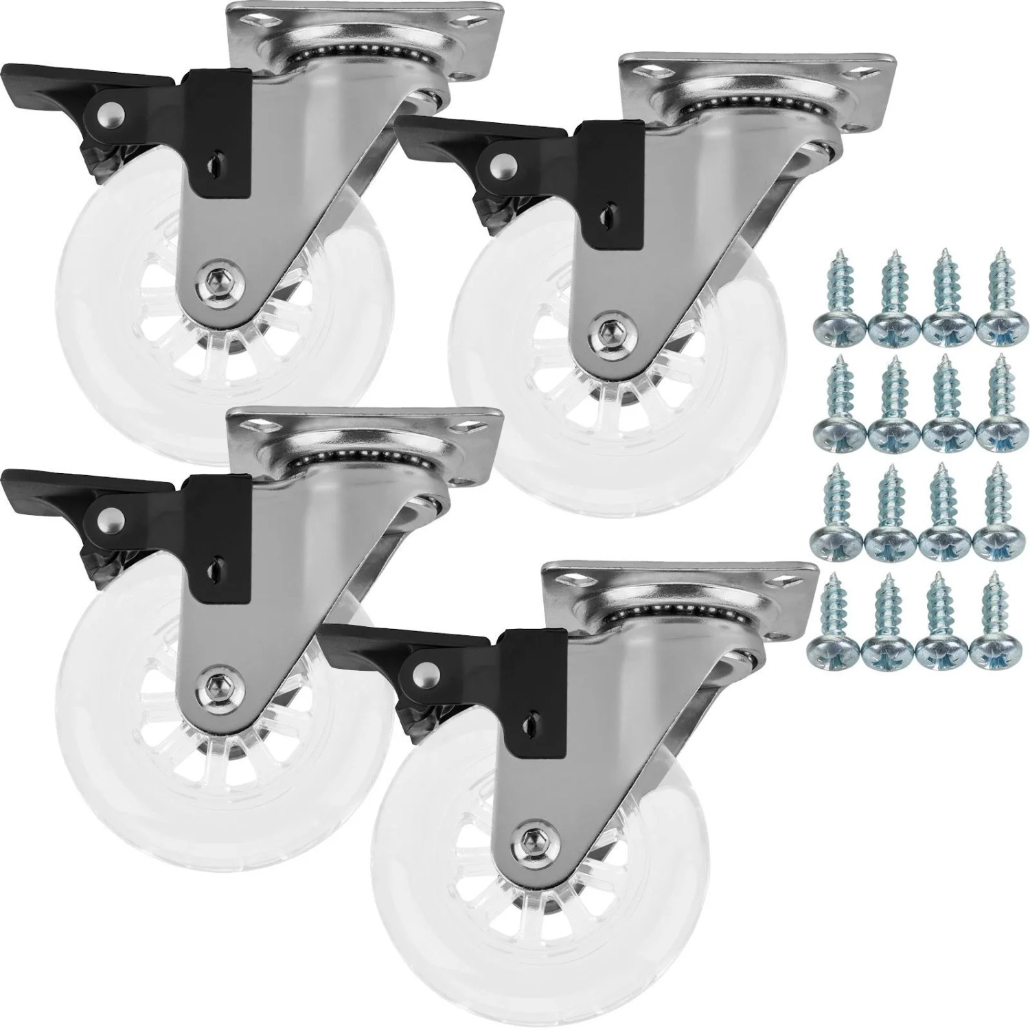 SOTECH 4 Stück Möbelrolle SWIFT Transparent Ø75 mm mit Feststeller inkl. Schraubenset