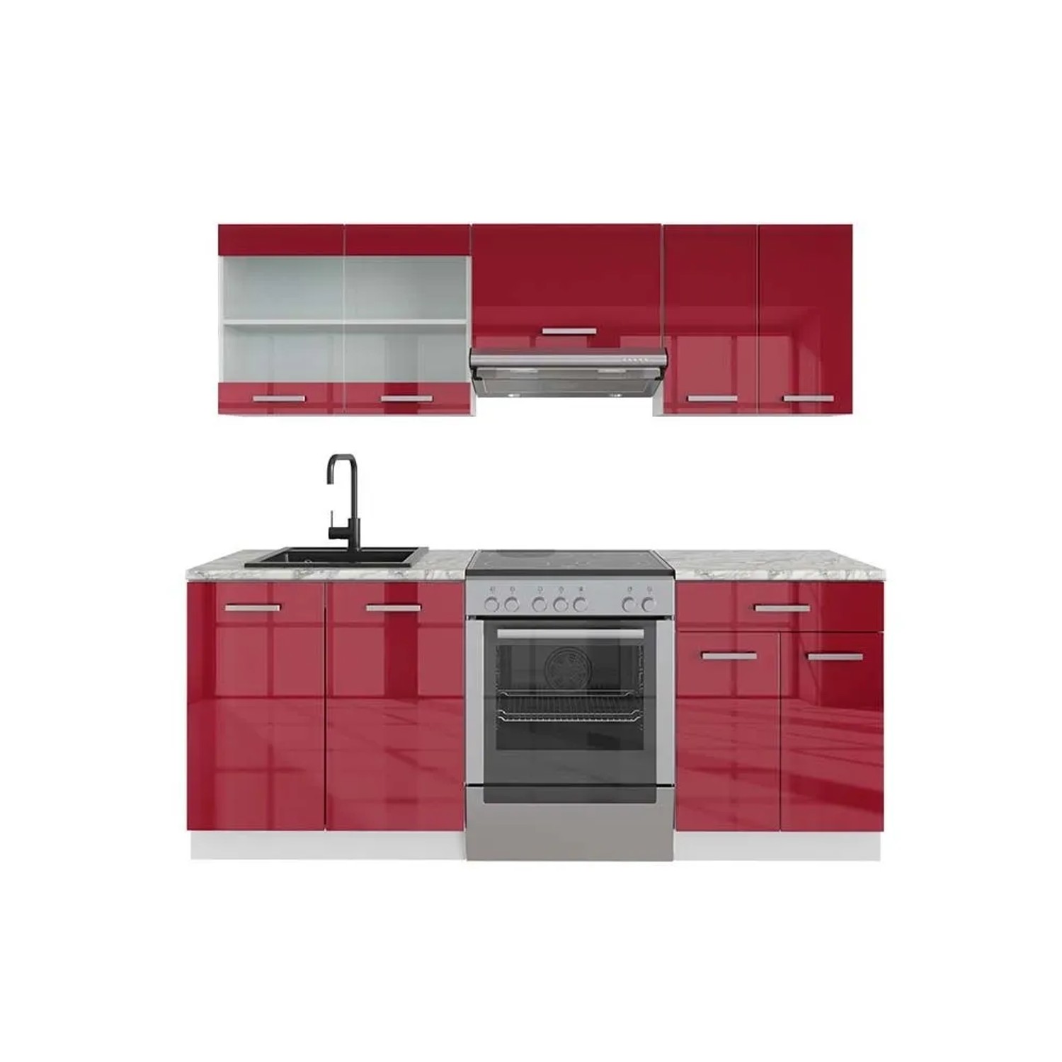 Vicco R-Line Küchenzeile Bordeaux Hochglanz Weiß 200 cm AP Marmor ohne E-Geräte