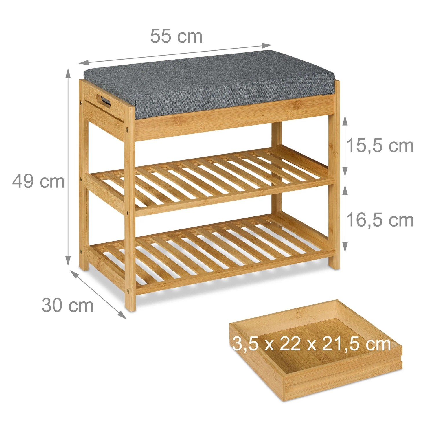 Relaxdays Schuhbank Bambus Natur Grau Gepolstert mit Schublade 49 cm x 55 cm x 30 cm 3,8 kg_4