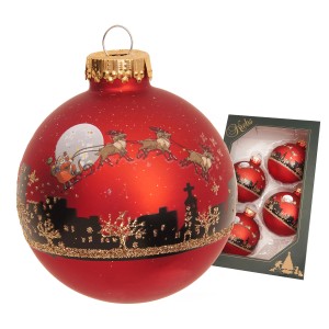 Krebs Glas Lauscha Weihnachtskugeln Santa mit Rentieren Rot 7cm