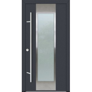 Anthrazitfarbene FM Türen Haustür AS68 mit Edelstahlgriff und Glaseinsatz.
