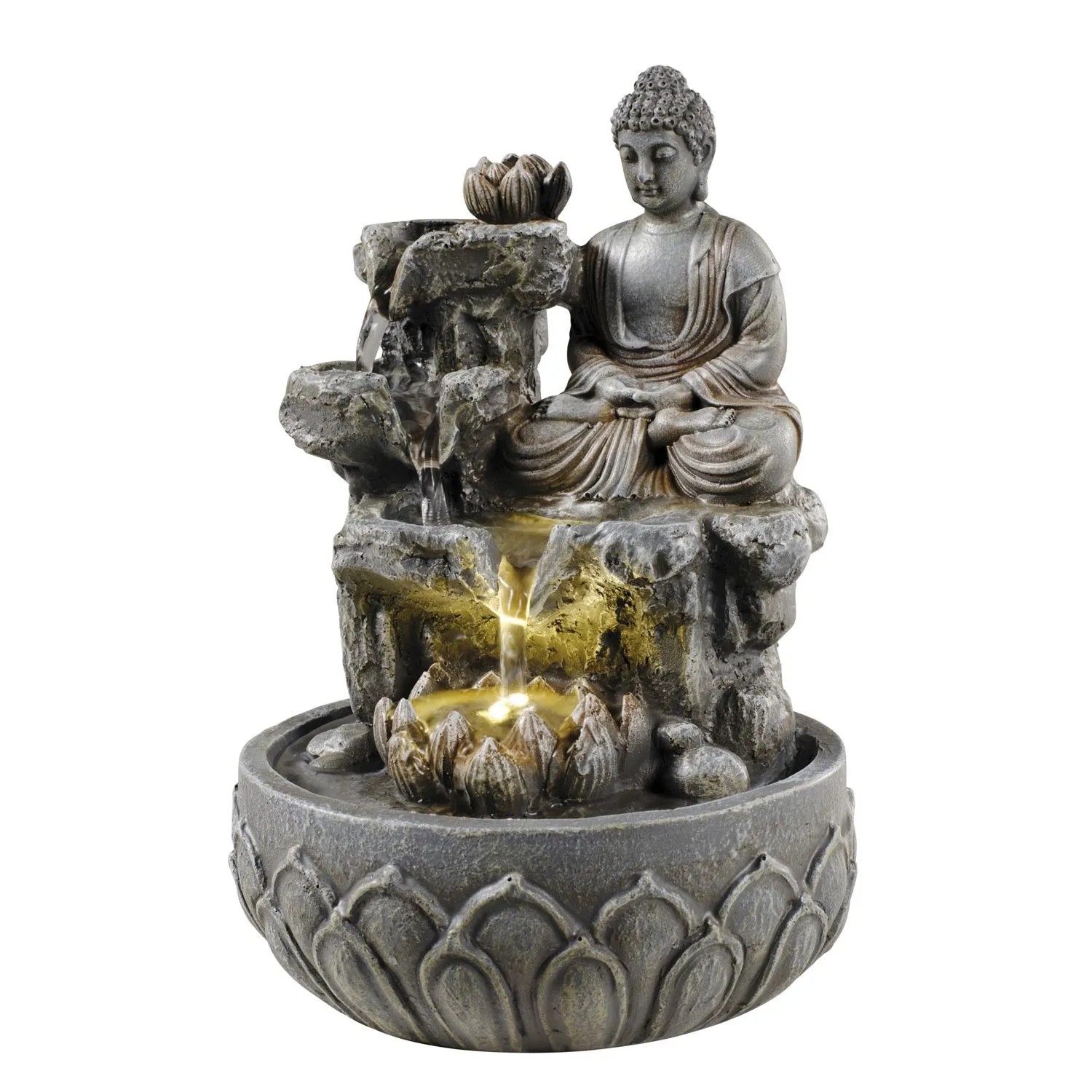 Marelida Brunnen LED Buddhafigur Kaskaden Zimmerbrunnen H  25cm Tischbrunnen