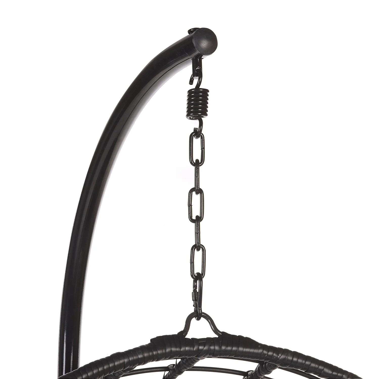 Detailaufnahme Hängesessel: Schwarzes Gestell mit Kette und Feder.