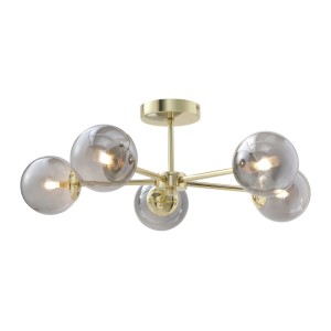 Glänzende goldfarbene Metall-Deckenleuchte Sofia mit 5 grauen Rauchglas-Kugeln. Für Lampen & Leuchten.