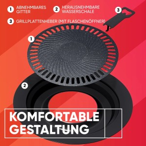 Evocamp Grillplatte rund 32 cm mit Gitter, Wasserbehälter und Heber für Gaskocher.