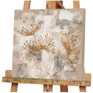 Modernes Leinwandbild mit drei goldenen, strukturierten Chrysanthemen auf beigem, grauem Hintergrund. Handgemalte Deko für Wohnräume.