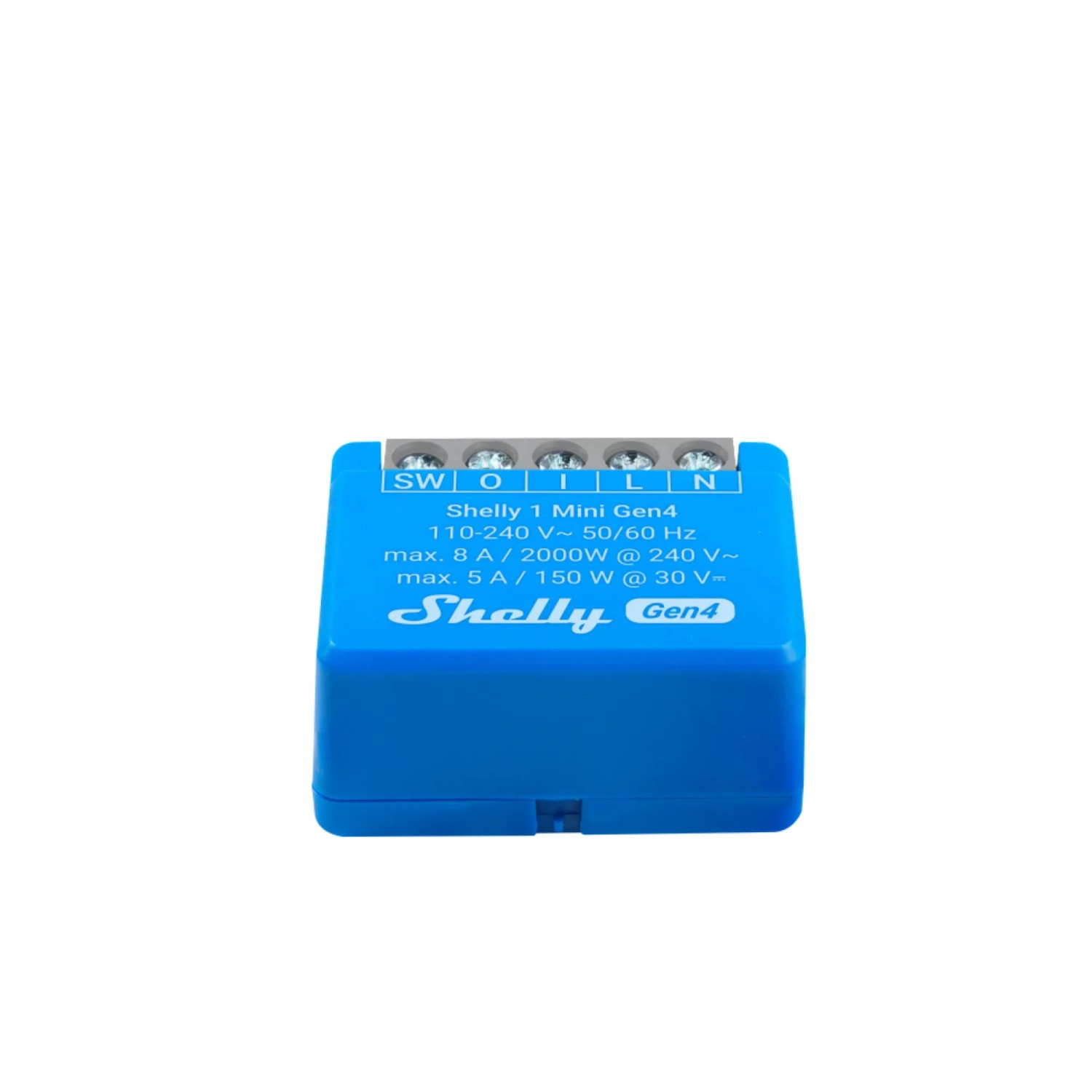 Blaues Shelly Smart-Relais Mini Gen4 für die Hausautomation, Detailansicht.