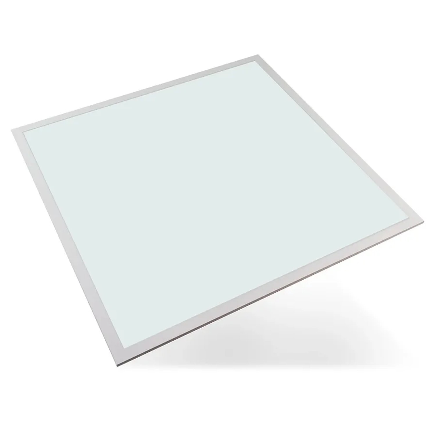 Quadratisches LUXULA LED Panel 62x62 cm mit weißer Leuchtfläche und silbernem Rahmen. Ideal als Büro-Deckenleuchte.
