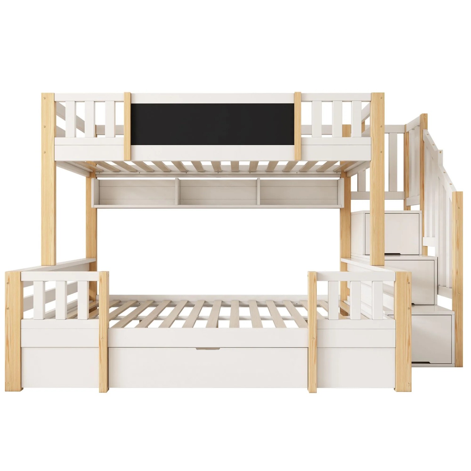 Merax Etagenbett 90x200+140x200cm Stauraum Treppe Weiß Natur
