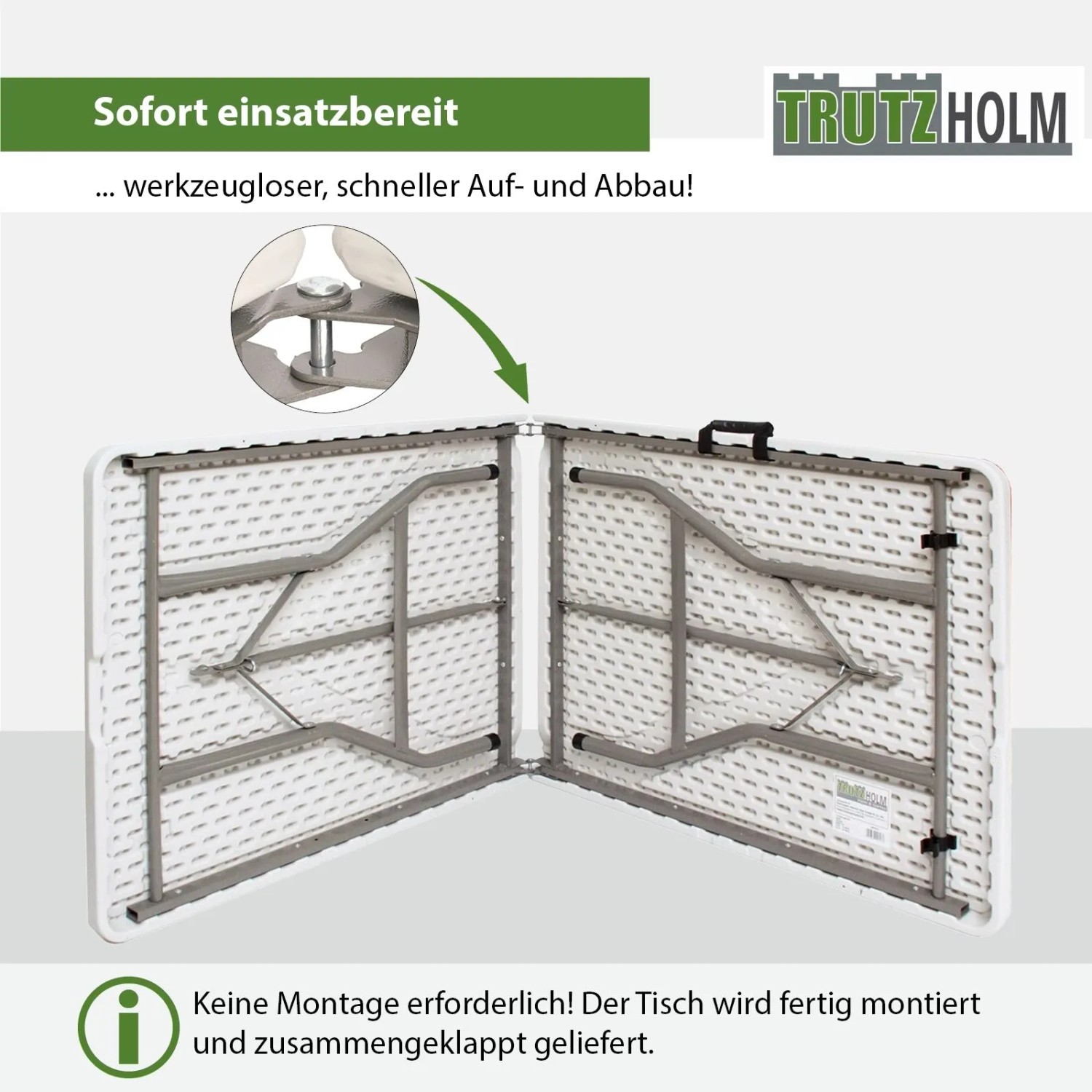 TRUTZHOLM Klapptisch, 180 cm, mit Stahlgestell, platzsparend zusammengeklappt.