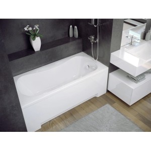 Weiße rechteckige Acryl-Badewanne 170x70 cm mit ergonomischer Form, Ablauf und Füßen im modernen Bad.