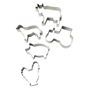 Zenker Ausstecher-Set Bauernhof, 5-teilig, silberfarben: Kuh, Hund, Henne, Traktor und Schwein.
