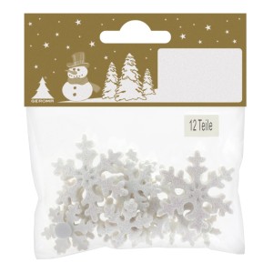 12 weiße Schneeflocken aus Polyresin mit Glitzer in 3 Größen, Weihnachtsdeko zum Kleben.