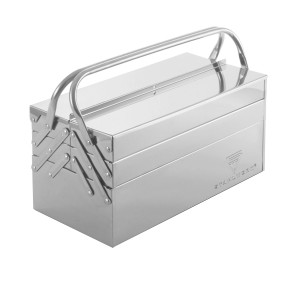 STAHLWERK Werkzeugkasten aus Edelstahl mit 5 Fächern und Tragegriff.