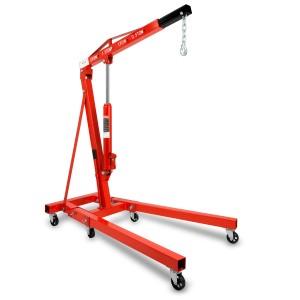 Roter EBERTH Motorkran mit 2000kg Tragkraft, verstellbarer Ausleger und Rollen für Werkstatt.