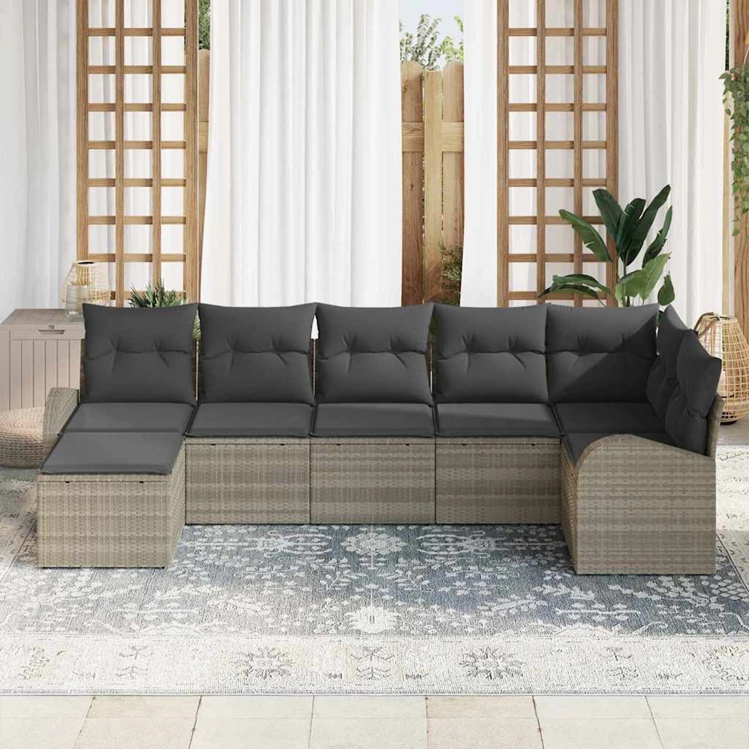 Hellgraues 7-tlg. vidaXL Garten-Sofa-Set aus Poly Rattan mit grauen Kissen.