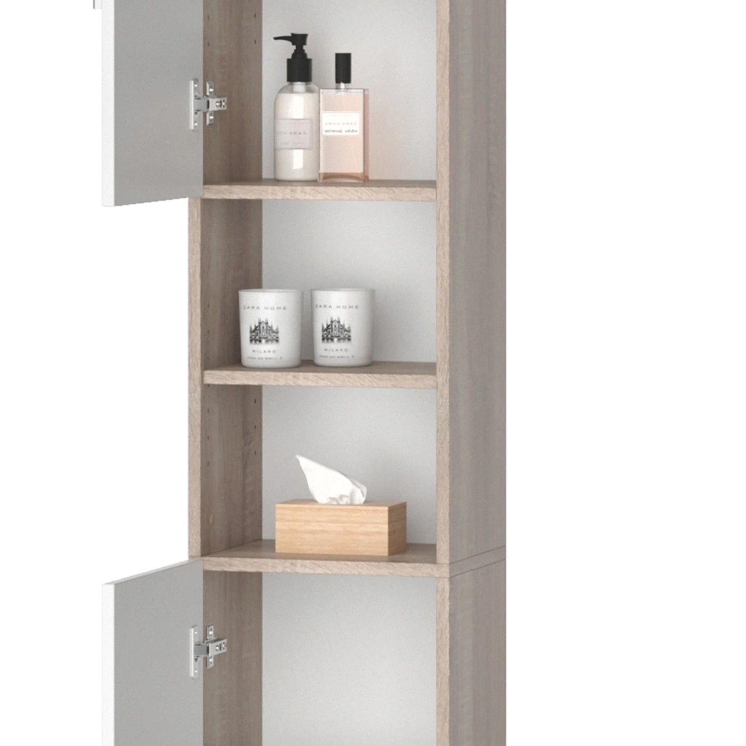 Vicco Badschrank Luis, Sonoma/Weiß, 32x190 cm, mit offenen Fächern und Türen für Badartikel.