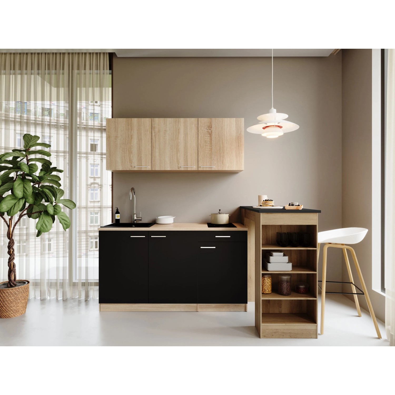 Respekta Ingrid Singleküche 150 cm Schwarz mit Bartisch