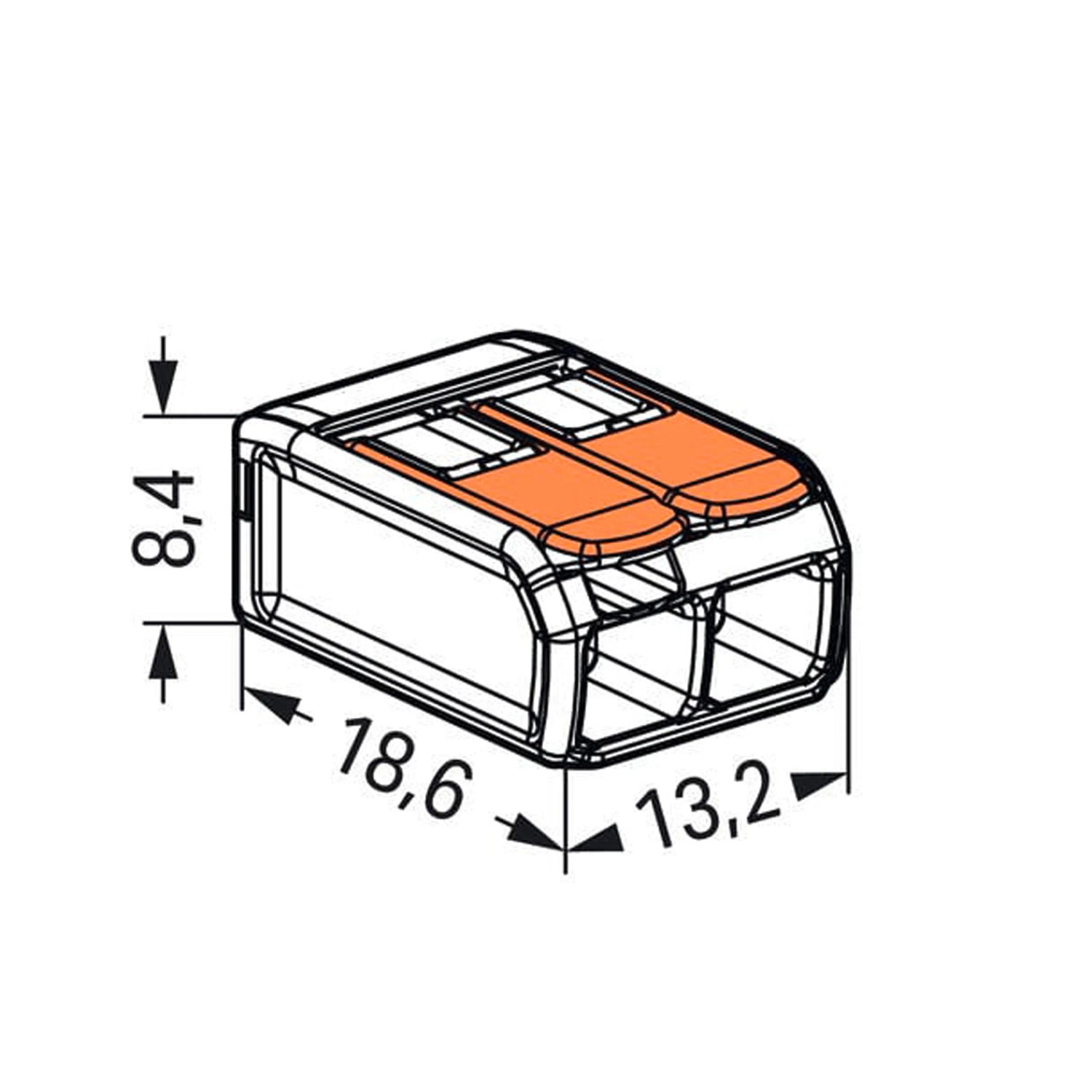 Wago Hebelklemme, 2-polig, für Leiter Ø 0,2-4mm², 5er-Set, Verbindungsklemme mit orangenen Hebeln.