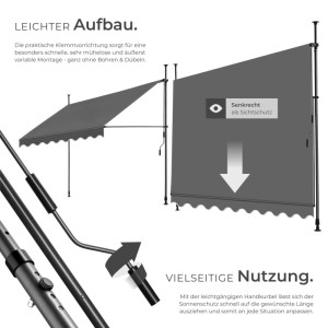 Tectake Klemmmarkise Mit Handkurbel  Ohne Bohren  Uv Beständig Höhenverstellbar 211   304 cm 300 x 180 cm 180 x 300 x 304 cm Schwarz Grau