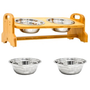 DuneDesign Hundenapf und Katzennapf mit 4 Edelstahlschalen auf Bambus Futterbar.