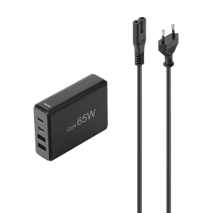Hama USB-Ladestation mit 4 Ports (2x USB-C, 2x USB-A) und 65W Leistung.