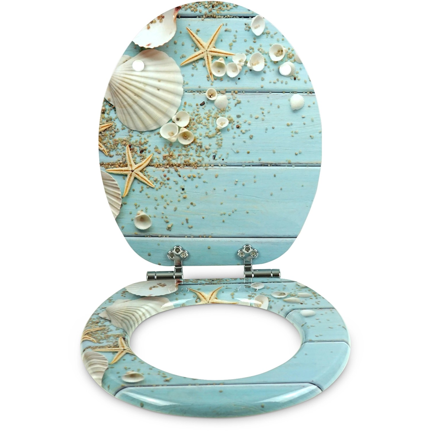 Sanfino WC-Sitz Caribbean Blue mit Absenkautomatik, Holz, maritimes Motiv mit Muscheln und Seesternen.