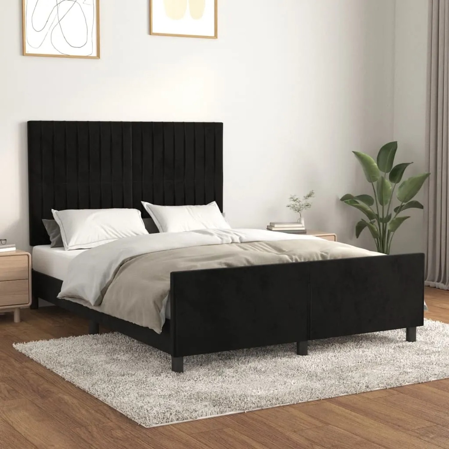Schwarzes Samt-Bettgestell 140x190 mit hohem Kopfteil für Schlafzimmer.