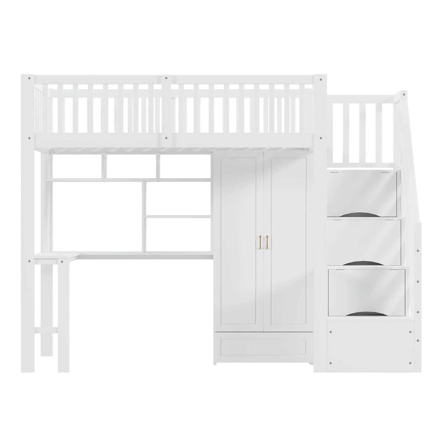 okwish Hochbett 90x200cm mit Kleiderschrank Regal Tisch Kinderzimmer Weiß ohne Matratze