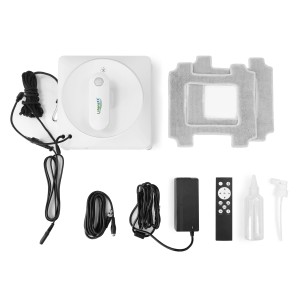 Lifenaxx Fensterreinigungsroboter LX-047 mit Zubehör wie Pads, Fernbedienung, Netzteil und Sprühflasche.