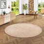 Runder, naturfarbener Snapstyle Hochflor Teppich Mona, 100x100 cm, auf Holzboden.