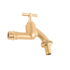 Messingfarbenes Knebelauslaufventil, Ø 21 mm (R 1/2), mit Knebelgriff und Schlauchanschluss.