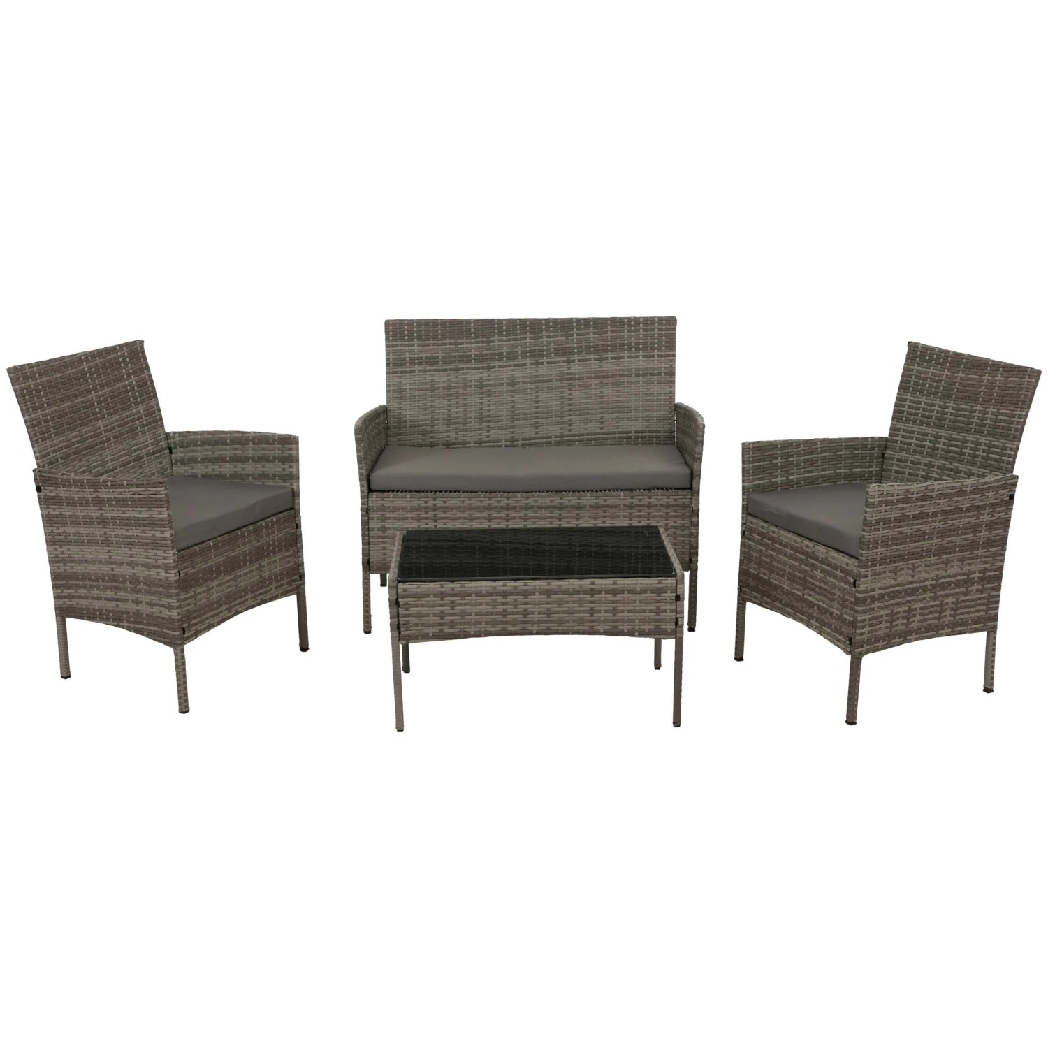 PROREGAL Poly-Rattan Garten-Garnitur Sitzgruppe Lounge-Set Metall Glas Stoff/Textil 180g/m2 Grau Kissen Hellgrau