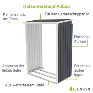 Juskys Holzunterstand für Geräteschuppen M (links): Anbau aus Stahl für Kaminholz Lagerung.